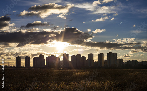 Urban landscape. Silhouettes of Kyiv high-rise buildings photo