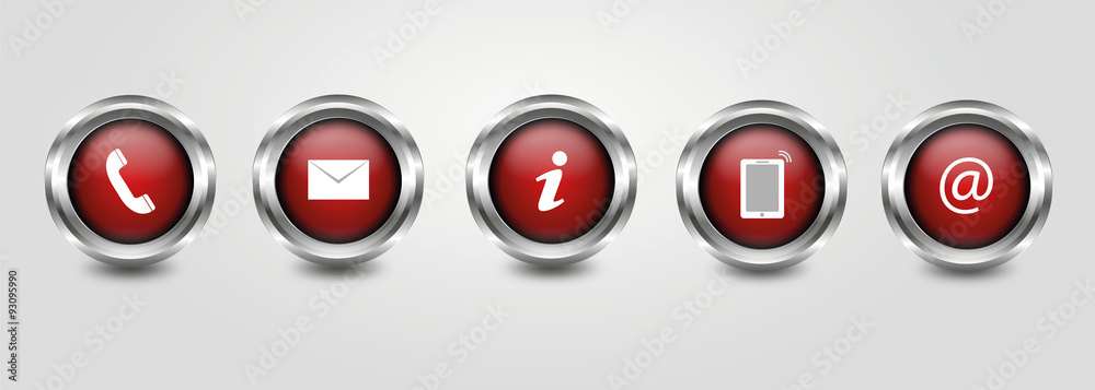 Contact design - set of red illuminated buttons and communication icons Contact design - set of red illuminated buttons and communication icons