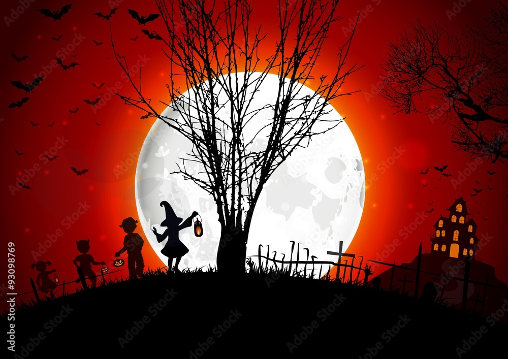 Halloween grave on full moon background with a little girls