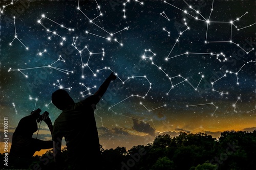 Astrology concept. Constellations on night sky. Silhouettes of astrologers observing zodiac constellation. photo