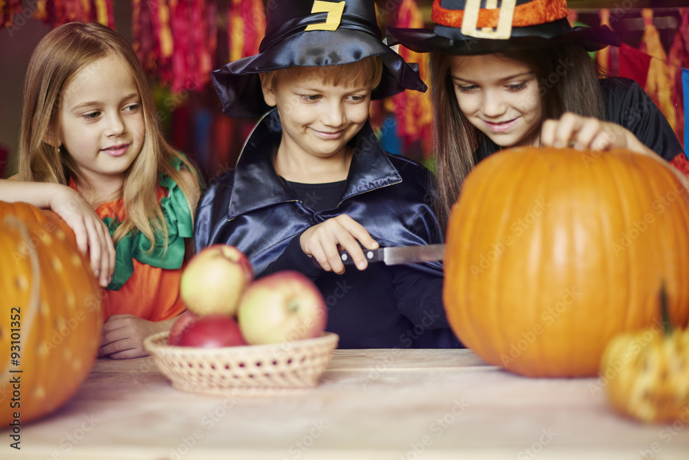 Fototapeta premium Carving a pumpkin is a duty of the boy