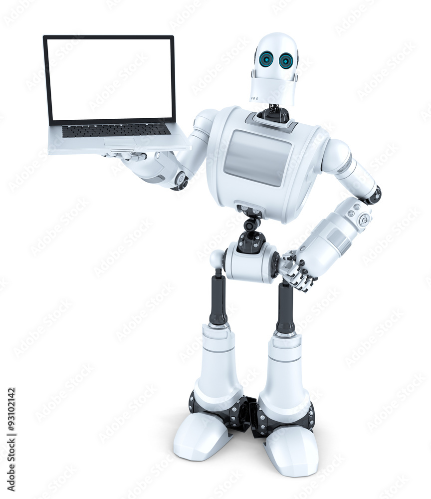 Robot holding blank screen laptop. Isolated. Contains clipping path Robot holding blank screen laptop. Isolated. Contains clipping path
