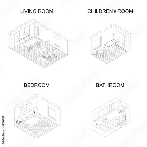 Interior isometric vector rooms.