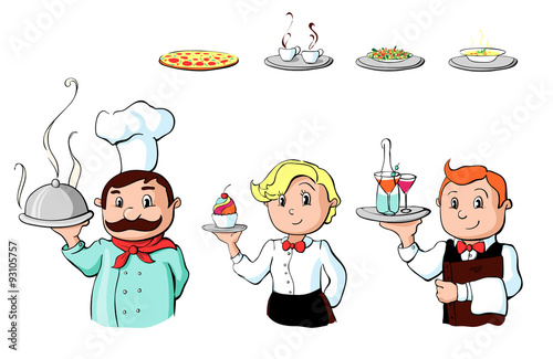 funny chef, waiter and waitress for your design