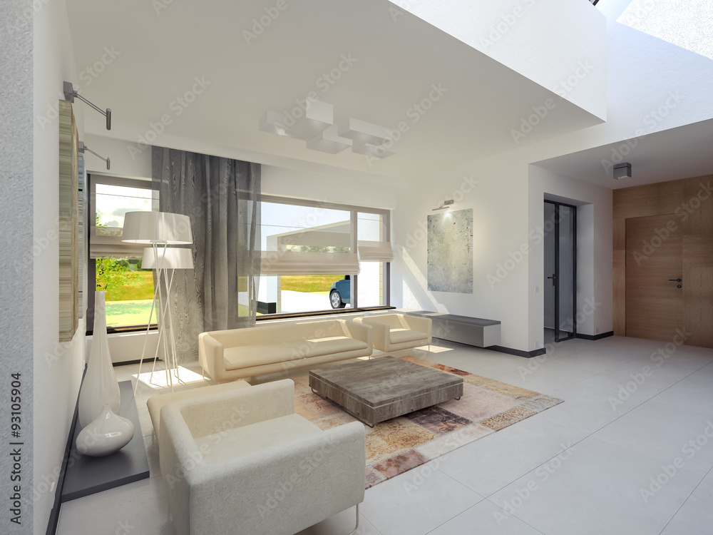 Fototapeta premium Spacious, bright and white living room with fireplace 3D renderi