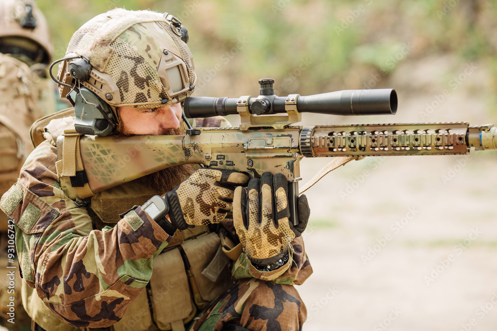 Fototapeta premium Rangers team is fighting on the territory occupied by the enemy
