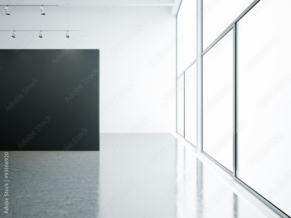 Obraz premium Empty gallery interior with panoramic windows. 3d render