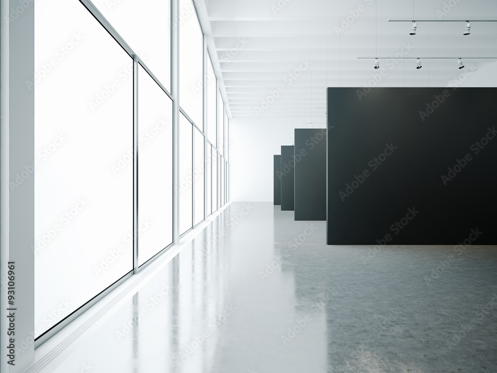 Empty museum interior with black canvas and windows. 3d render Empty museum interior with black canvas and windows. 3d render