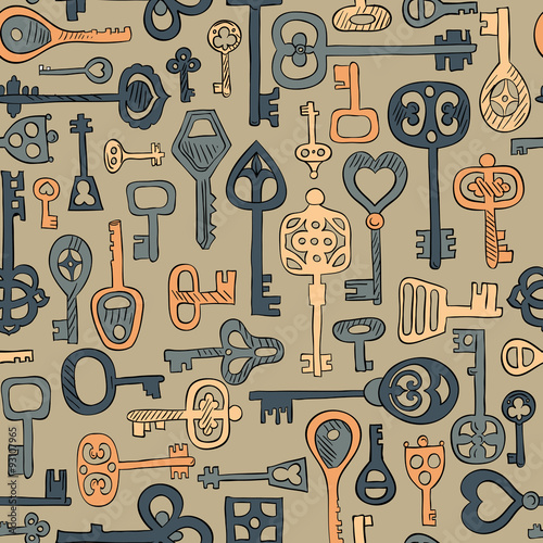 hand drawn vintage keys seamless pattern