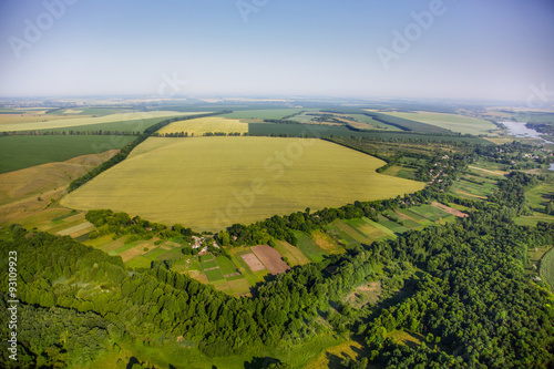 aerial view above the green fields
