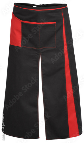 Black apron with the red pocket and outsets isolated on white