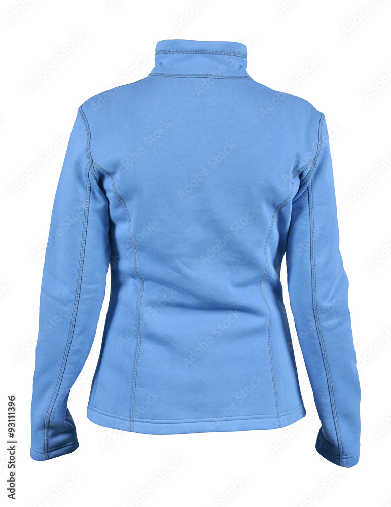 Fototapeta premium Back side view of blue female fleece sport jacket isolated on wh