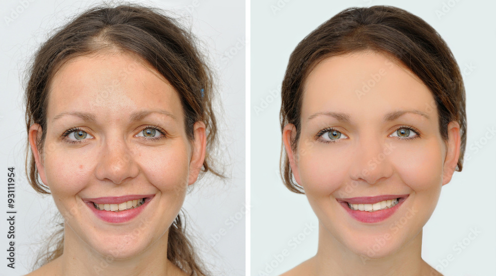 Beautiful woman before and after applying make-up, hairstyling and teeth whitening Beautiful woman before and after applying make-up, hairstyling and teeth whitening
