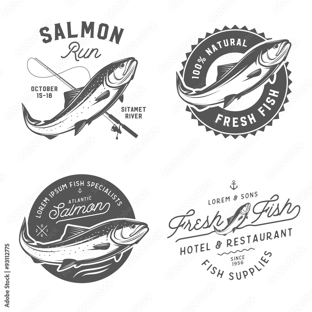 Obraz premium Vintage fresh fish salmon emblems, badges and design elements set