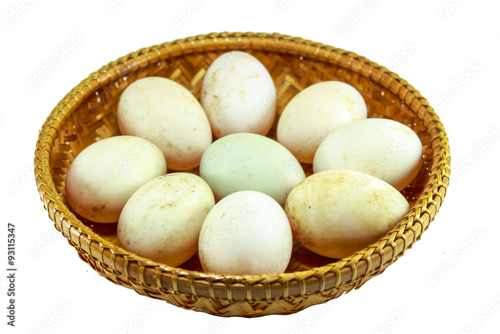 duck eggs in the bamboo bowl basket on white background duck eggs in the bamboo bowl basket on white background