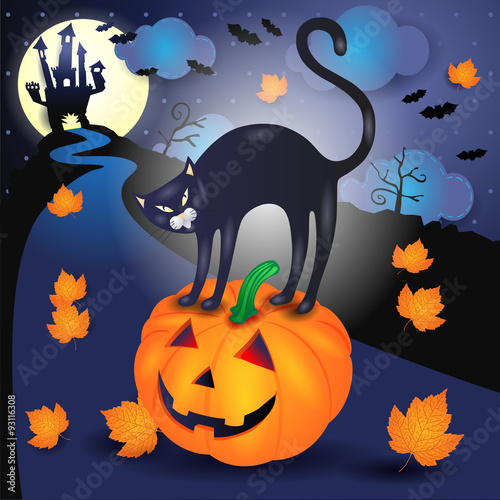 Halloween background with black cat and pumpkin