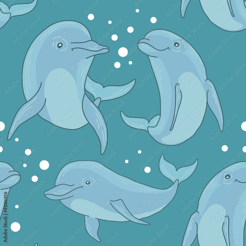 Naklejka premium Vector seamless pattern with dolphins. Dolphins seamless background.