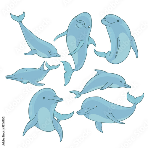 Seven Dolphin set collection, with dolphin jumping and swimming vector illustration.