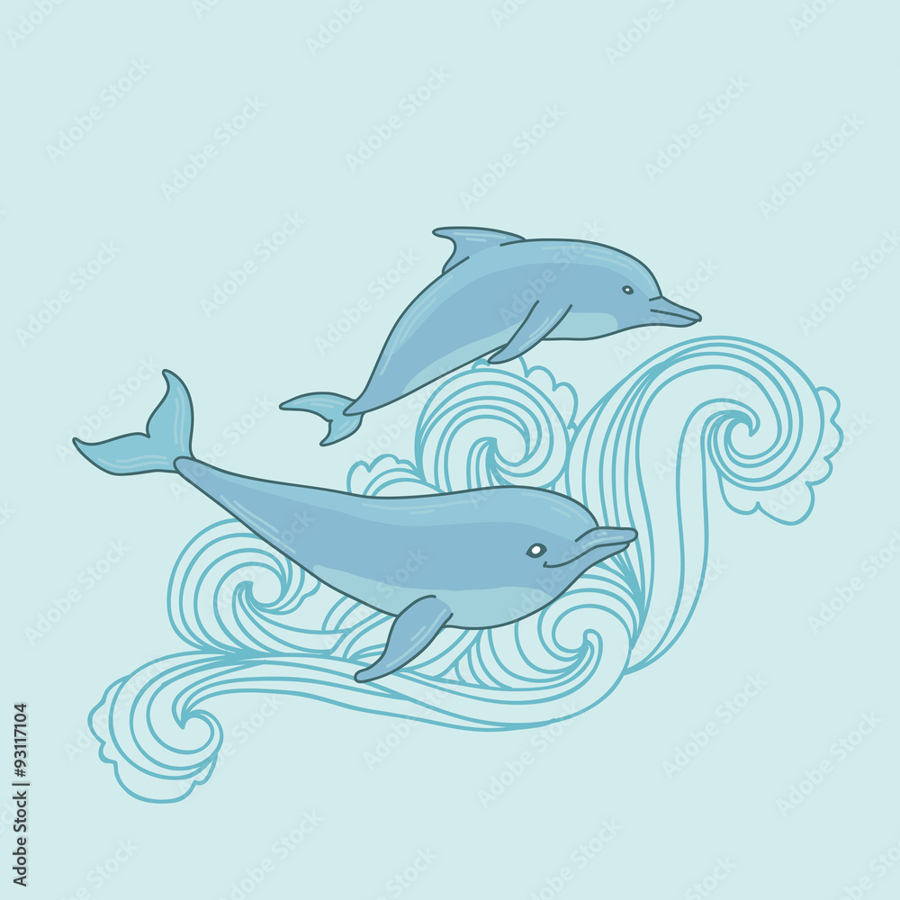 Fototapeta premium Vector illustration with two dolphins in wave. Swimming Dolphins.