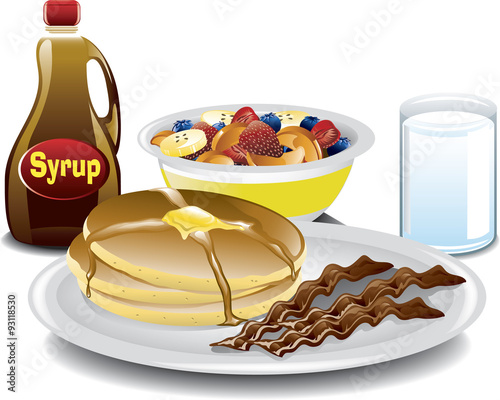 Illustration of a complete breakfast with pancakes, bacon, a fruit bowl, a bottle of syrup and a glass of milk.