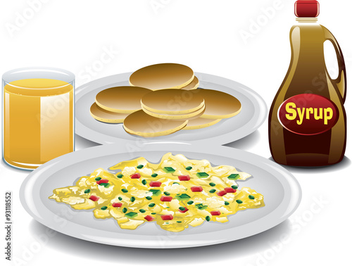 Illustration of a complete breakfast with mini pancakes, spanish style scrambled eggs, a bottle of syrup and a glass of orange juice.