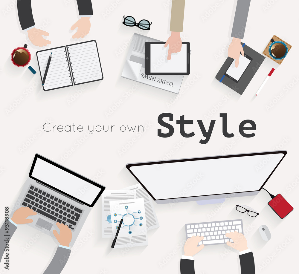 Vector flat workplace of designer with devices illustration Vector flat workplace of designer with devices illustration