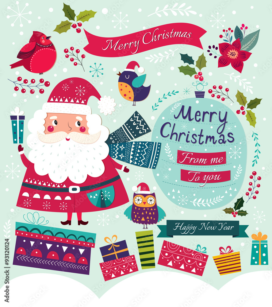 Fototapeta premium Christmas vector illustration with Santa Claus, birds and gifts