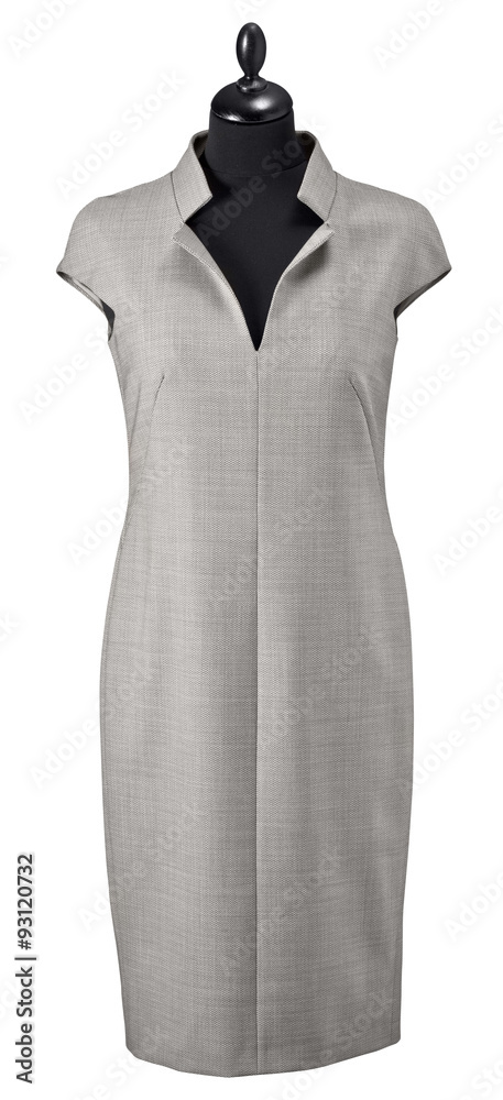 luxury female gray dress on clothier s rack isolated on white ba - obrazy, fototapety, plakaty 