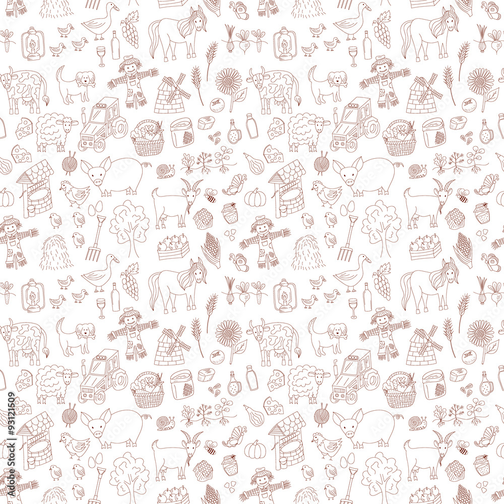 seamless pattern with doodle farm elements