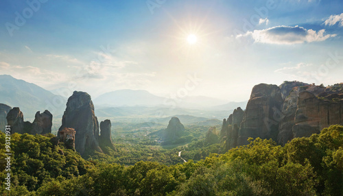 Wide angle panoramic view of Meteora mountains