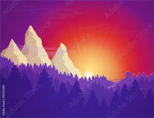 Flat nature forest landscape. Background with sunset, sunrise and mountains. Good for card, presentation, cover, invitation, template with place for text. Vector illustration with clipping path.