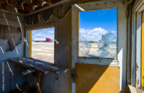 U.S.A. Arizona, Twin Arrows, the Route 66 seen from the remains of the famous...