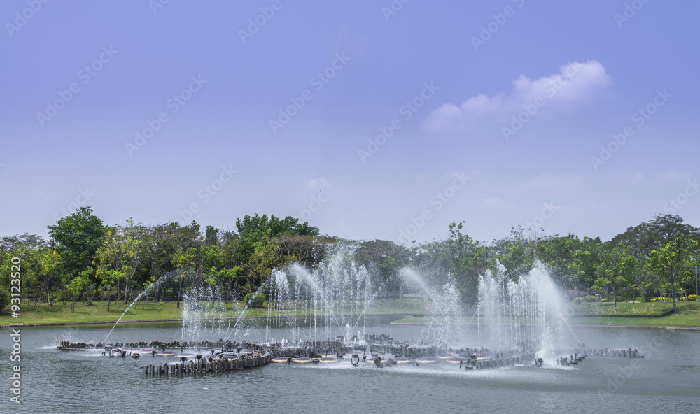 Fototapeta premium fountain in pond in garden, bangkok, thailand