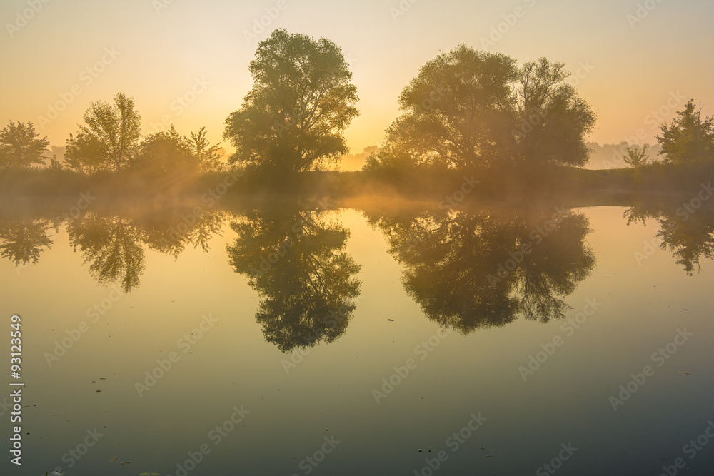 Fototapeta premium Herbstlicher Sonnenaufgang am Kanal, Halle/Saale
