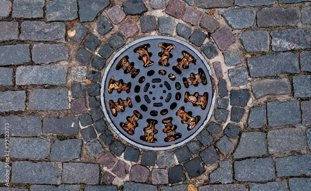 Manhole on old style brick road with yellow leaves and cigarette ends