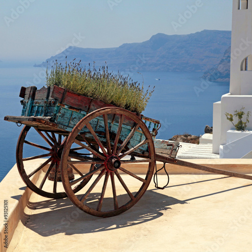 Decorative old cart with flowers on roof terrace, Santorini, Greece