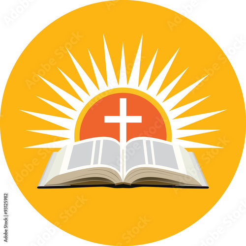 Bible, sunset and cross. Church logo concept.