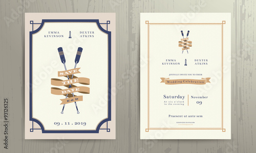 Vintage nautical twin paddles ribbon wedding invitation card tem