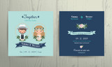 Wedding invitation card beach theme cartoon bride and groom portrait