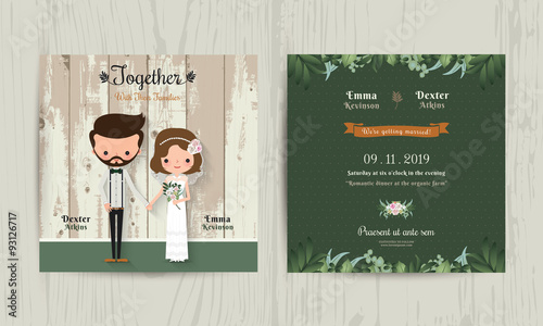 Wedding invitation card cartoon hipster bride and groom