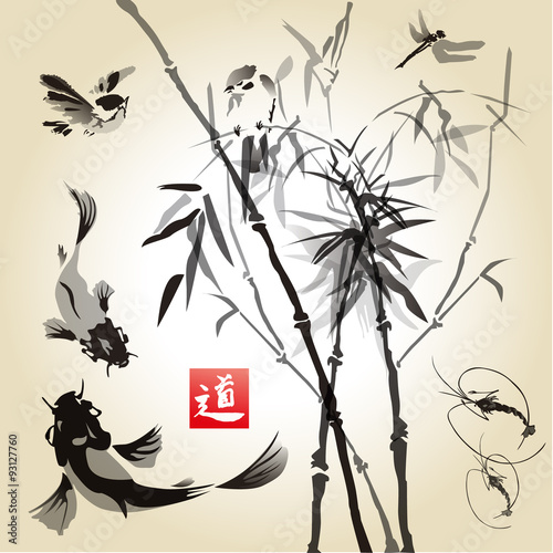 Card with bamboo in the bird and fish