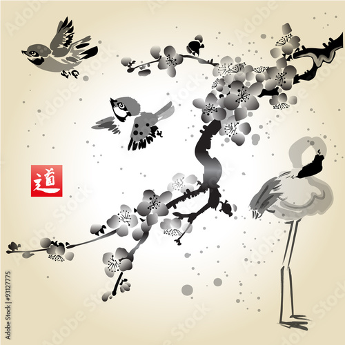 Card with sakura in the bird and flamingos