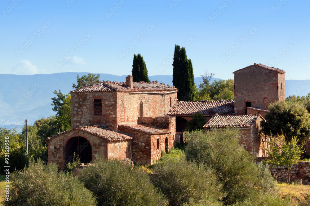 A residence in Tuscany, Italy. Tuscan farm house, cypress trees