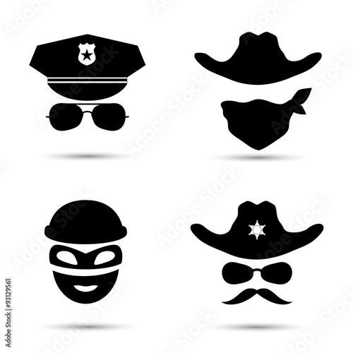 Set of black vector icons. Policeman icon. Thief icon. Sheriff