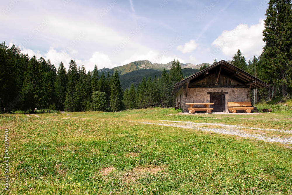 Summer landscape mountain hut