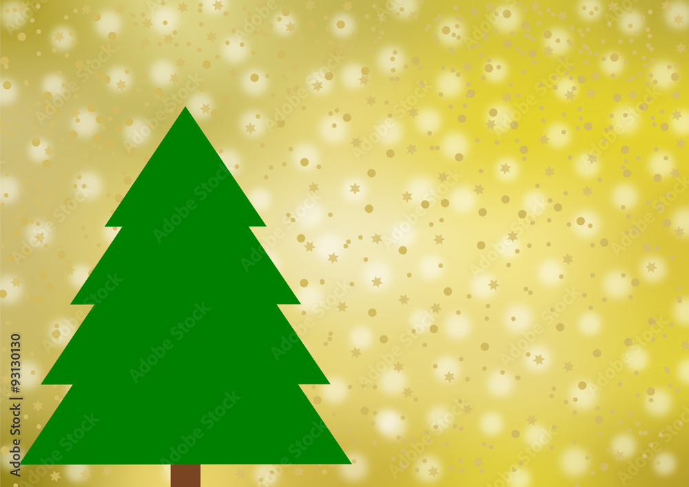 Großer grüner Tannenbaum auf verschiedenen Goldtönen, verschwommenen Schneeflocken, goldenen Sternen und Punkten sowie mit einem großen Textfreiraum rechts Großer grüner Tannenbaum auf verschiedenen Goldtönen, verschwommenen Schneeflocken, goldenen Sternen und Punkten sowie mit einem großen Textfreiraum rechts