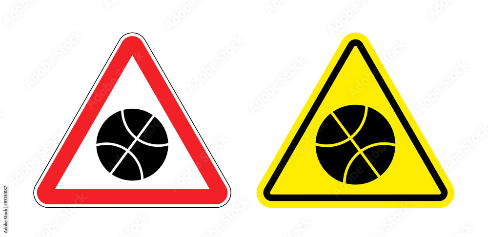 Warning sign attention to basketball. Hazard yellow sign to play Warning sign attention to basketball. Hazard yellow sign to play