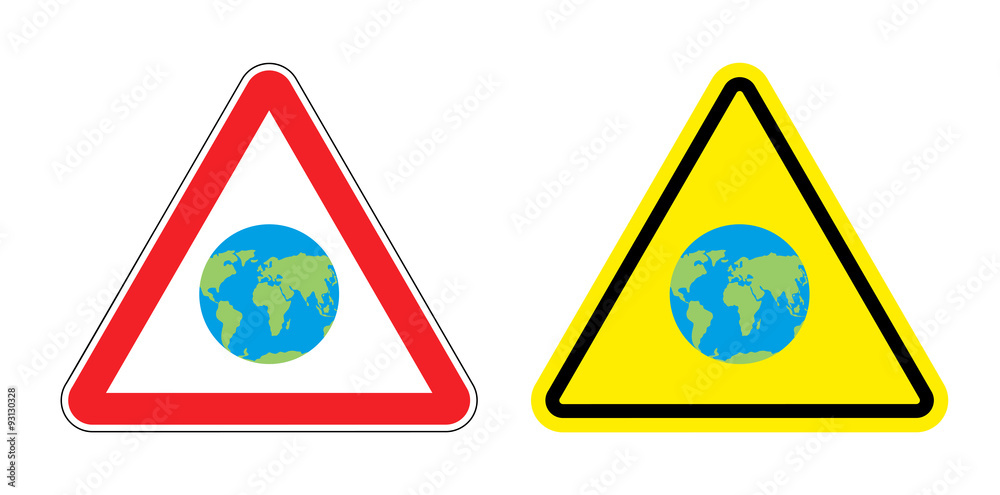 Warning sign attention to Earth. Yellow danger world map. Set Ro Warning sign attention to Earth. Yellow danger world map. Set Ro