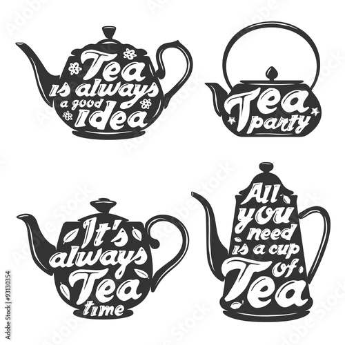 Set of tea pot silhouettes with quotes.