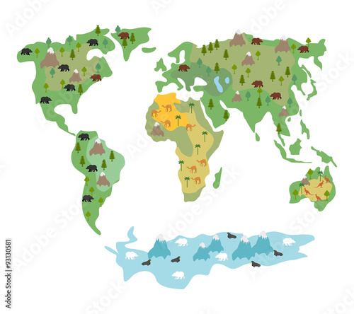 Map of world with animals and trees. Geographic map of globe w